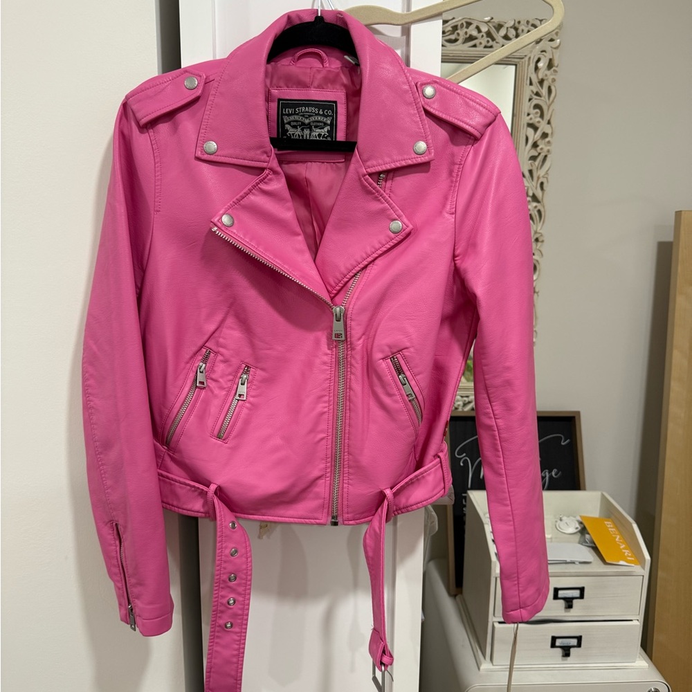 Levi’s Pink Leather Moto Jacket with Asymmetrical Zipper